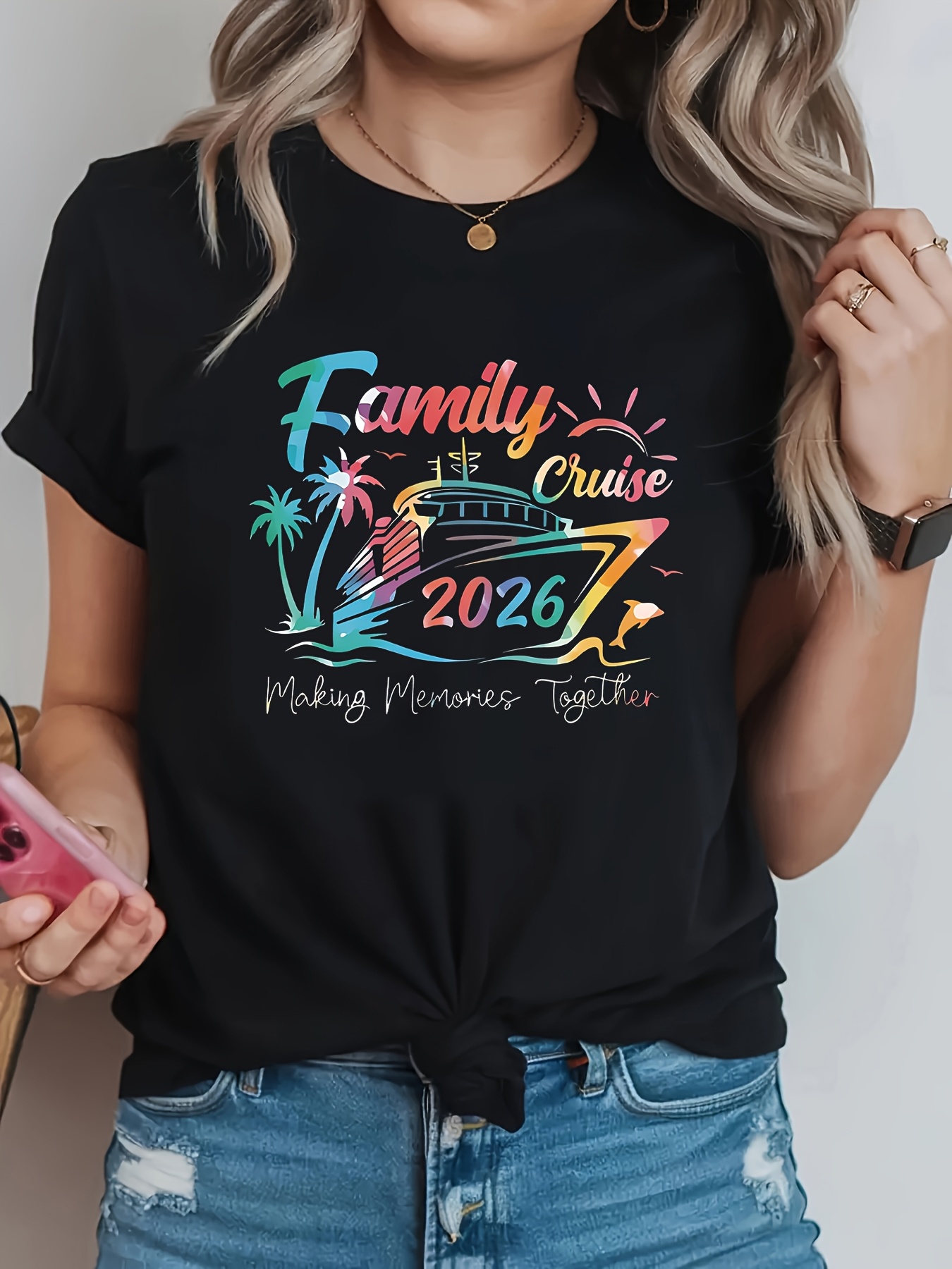 Family Tree Print - T-shirt décontracté à col rond pour